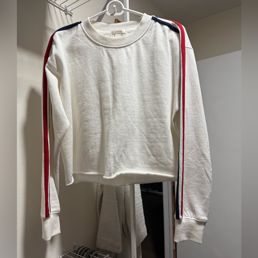 White Sweatshirt with Red and Blue Stripes